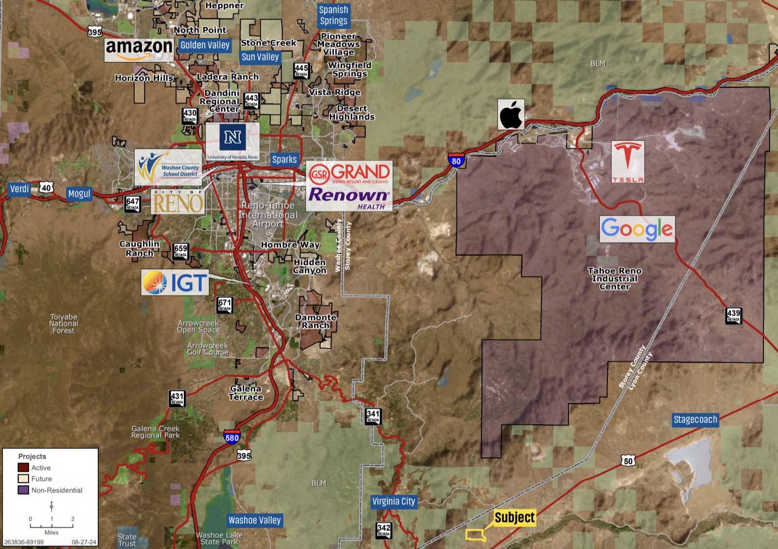 Regional map showing Dayton, Nevada relative to Reno, Tahoe-Reno Industrial Center, Tesla, Google, Amazon, and Apple